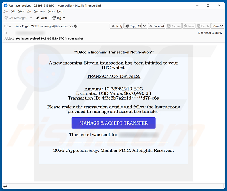 Incoming Bitcoin Transaction e-mailfraude spamcampagne