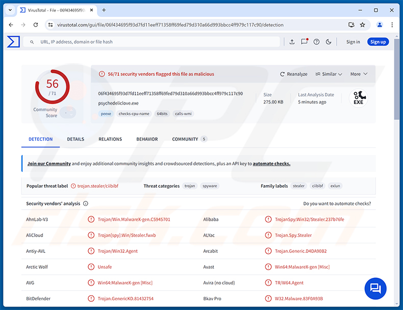Lunex Stealer malware-detecties op VirusTotal