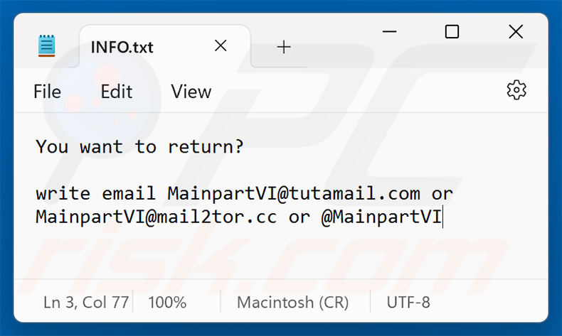 MAIN ransomware losgeldbericht (INFO.txt)