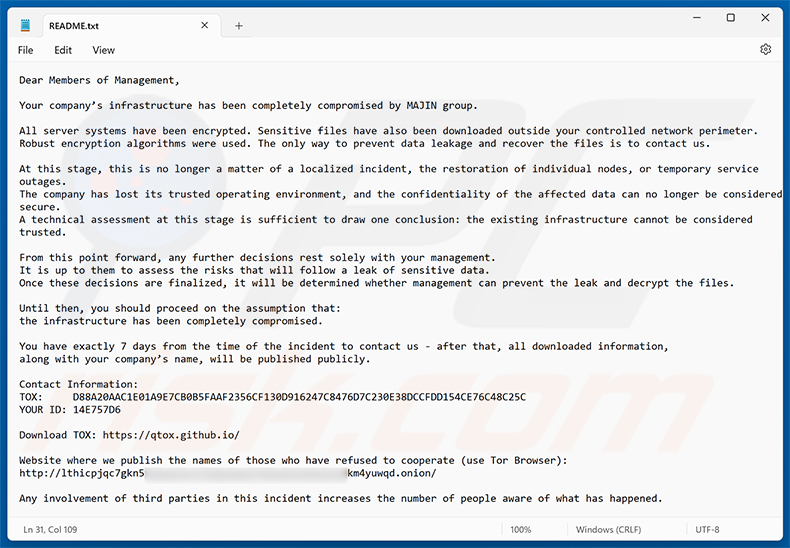 Losgeldbericht van MAJIN ransomware (README.txt)