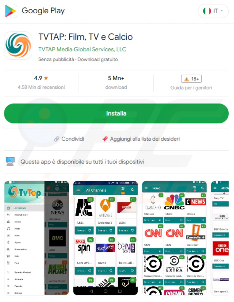 Valse Google Play Store-pagina die zich voordoet als TVTap en wordt gebruikt om de RemControl banking trojan te verspreiden