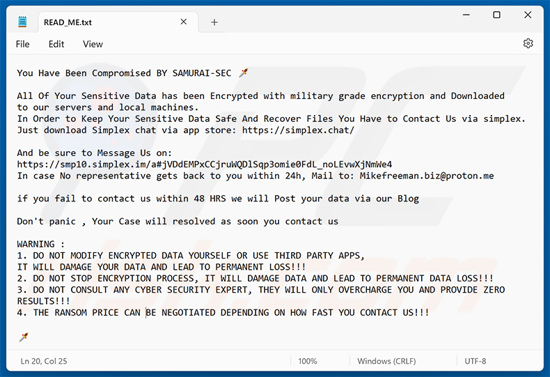 Losgeldbericht van SAMURAI-SEC ransomware (READ_ME.txt)