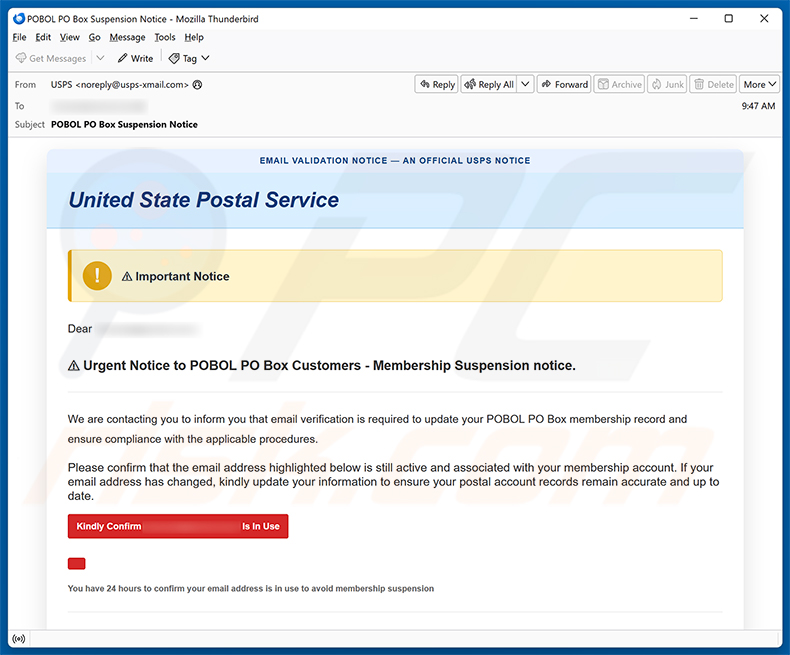 USPS POBOL Membership Suspension Notice e-mailfraude spamcampagne
