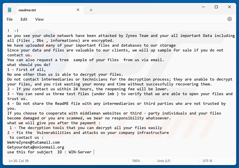 Losgeldbericht van Zynex ransomware (readme.txt)