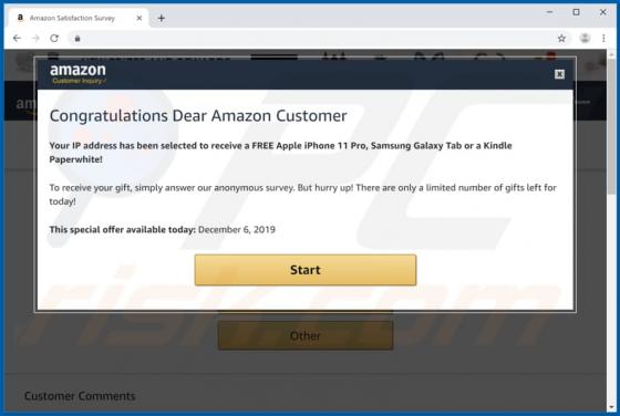 Oplichting via pop-up met de melding "Congratulations Dear Amazon Customer"