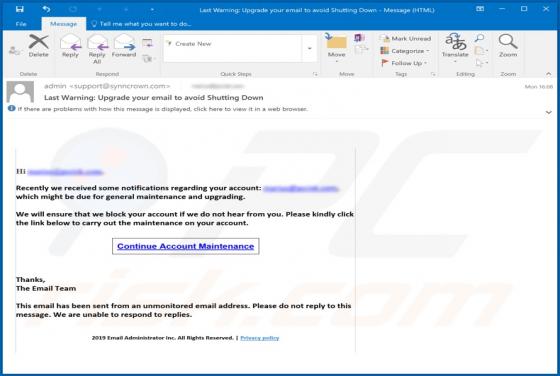 Oplichting via e-mail: "Last Warning: Upgrade Your Email To Avoid Shutting Down"