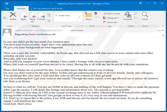 Oplichting via e-mail "You Have Used Zoom Recently - I Have Very Unfortunate News"