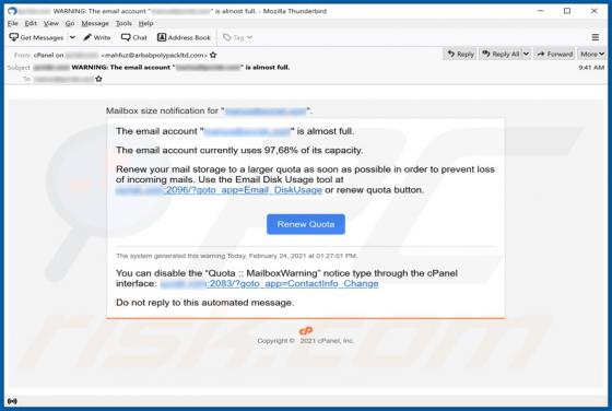 Oplichting "Email Account Is Almost Full"