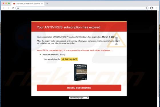 Oplichting via pop-up "Your ANTIVIRUS Subscription Has Expired"