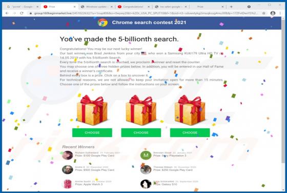 Oplichting via pop-up "Chrome Search Contest 2021 POP-UP