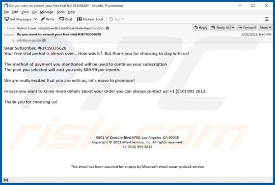 Oplichting via e-mail "Your Free Trial Period is Almost Over"