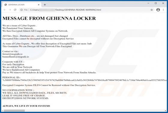 De GEHENNA LOCKER ransomware