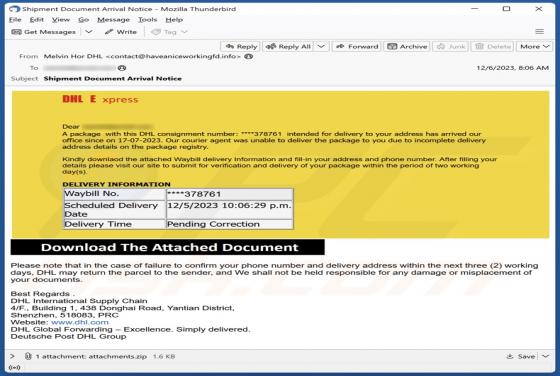 DHL Express - Incomplete Delivery Address Email oplichting