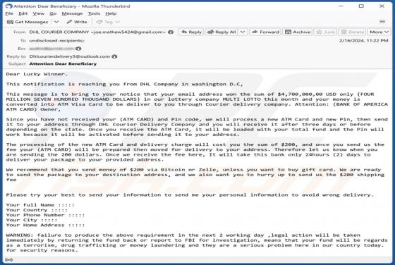 Oplichting via e-mail DHL Lottery