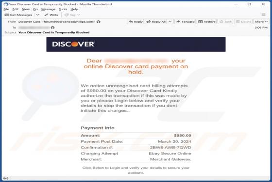 Oplichting via e-mail Discover Card Payment On Hold