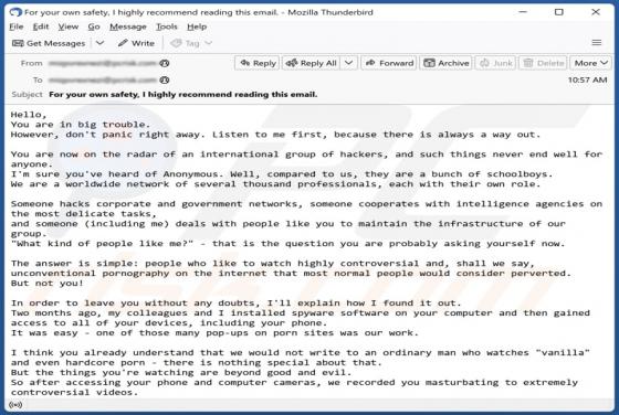 Oplichting via e-mail You Are Now On The Radar Of An International Group Of Hackers