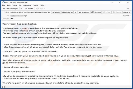 Oplichting via e-mail You Have Been Under Surveillance