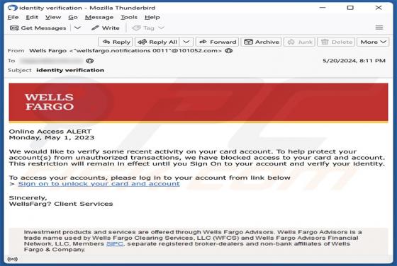 Wells Fargo - Card Activity Verification Email Oplichting