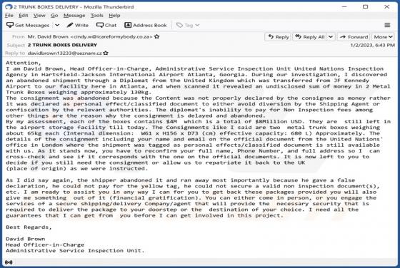United Nations - Abandoned Shipment Email Oplichting