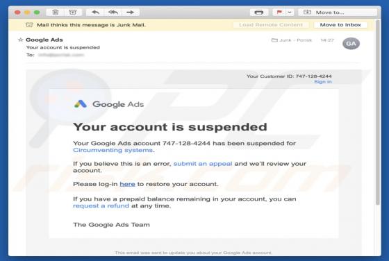 Google Ads - Your Account Is Suspended Email Oplichting