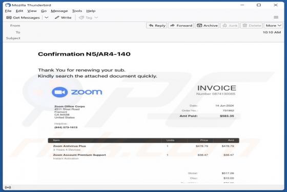 Zoom Antivirus Plus Subscription Email Oplichting