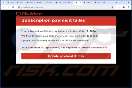McAfee - Subscription Payment Failed POP-UP Oplichting