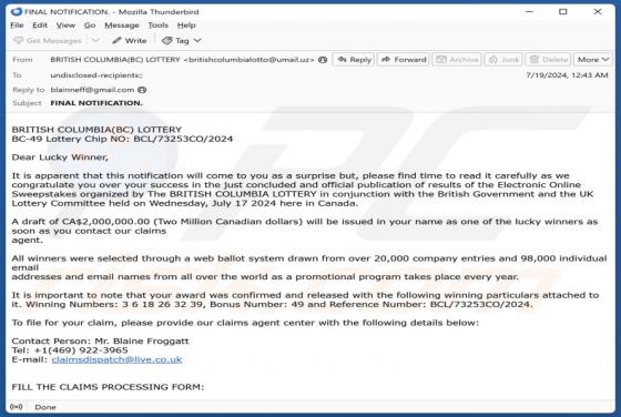 British Columbia Lottery Email Oplichting