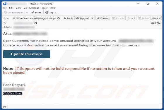 Oplichting via e-mail Unusual Activities In Your Account