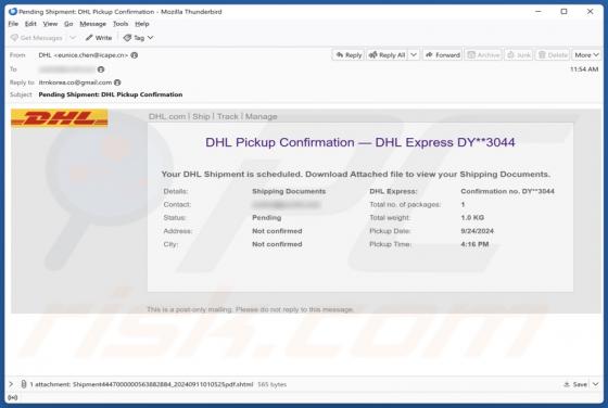 Oplichting via e-mail DHL Pickup Confirmation