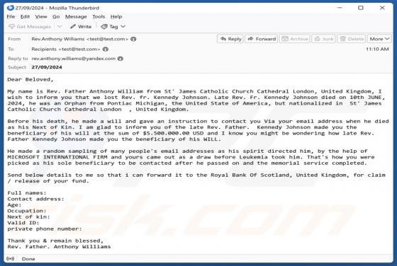 Oplichting via e-mail Beneficiary Of Will