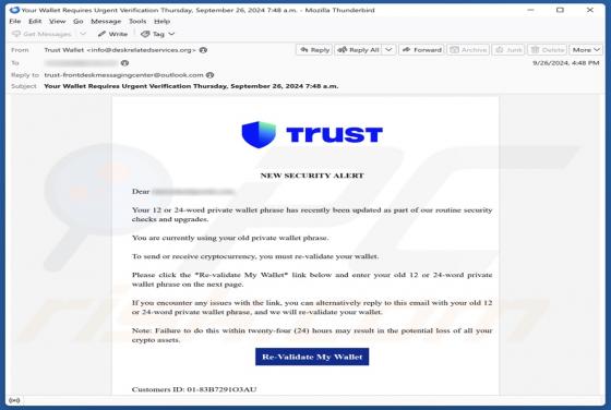 Oplichting via e-mail Trust Wallet - New Security Alert