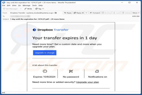 Oplichting via e-mail Dropbox - Your Transfer Expires