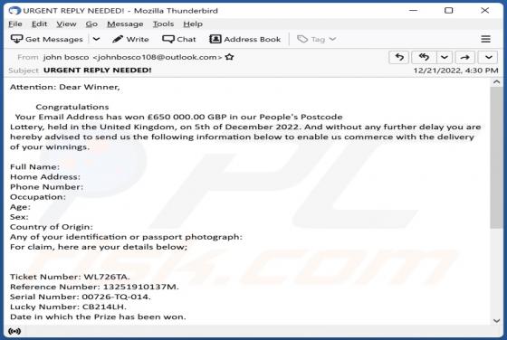 Oplichting via e-mail People's Postcode Lottery