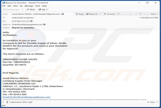 Oplichting via e-mail Carlsberg Supply Quotation