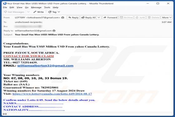 Oplichting via e-mail Yahoo Canada Lottery