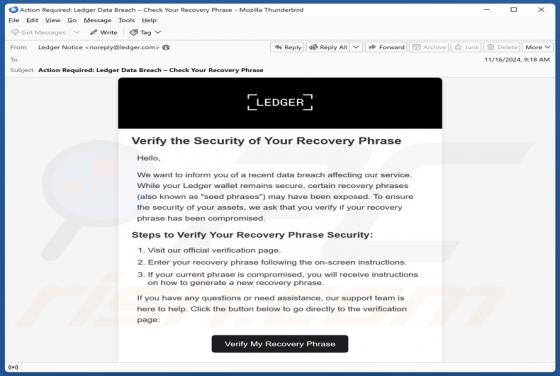 Oplichting via e-mail Ledger Recovery Phrase Verification