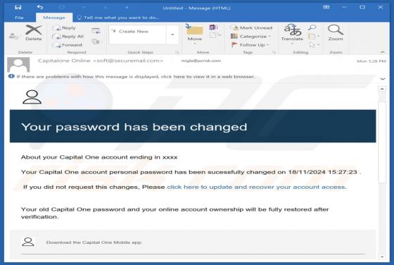 Oplichting via e-mail Capital One - Your Password Has Been Changed