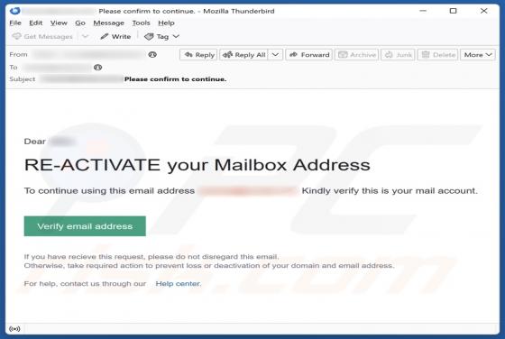 Oplichting via e-mail Re-Activate Your Mailbox Address