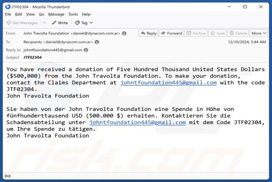 Oplichting via e-mail John Travolta Foundation