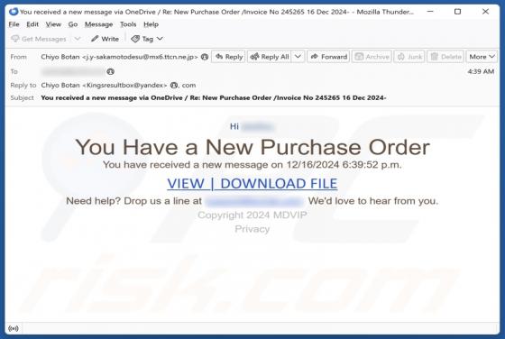 Oplichting via e-mail You Have A New Purchase Order