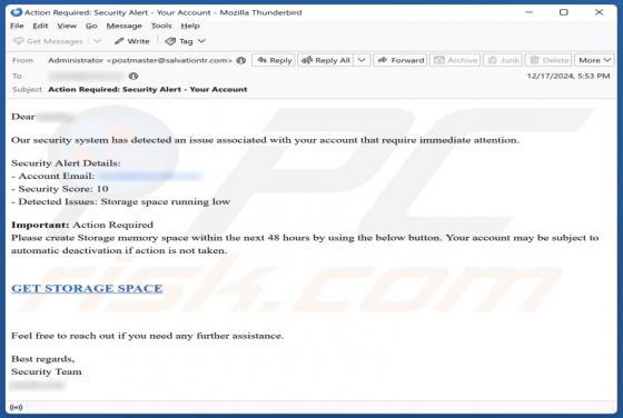 Oplichting via e-mail Storage Space Running Low