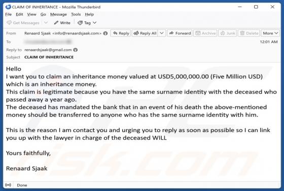 Oplichting via e-mail Claim Inheritance Money