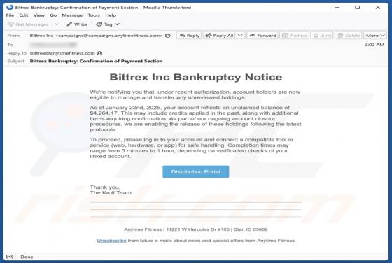 Oplichting via e-mail Bittrex Inc Bankruptcy Notice
