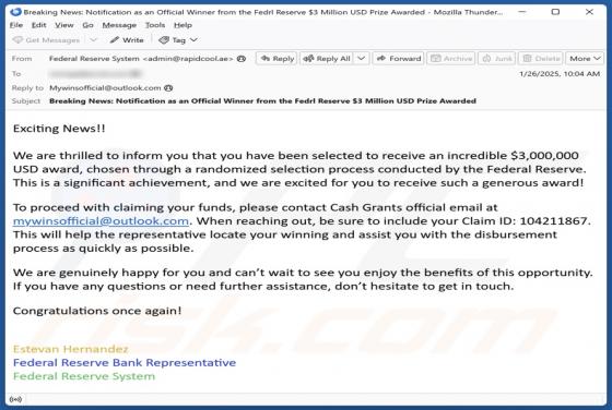 Oplichting via e-mail Federal Reserve Award
