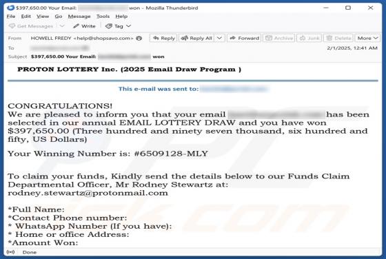Oplichting via e-mail PROTON LOTTERY