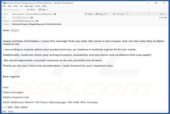 Oplichting via e-mail Inquire About Your Product/Service