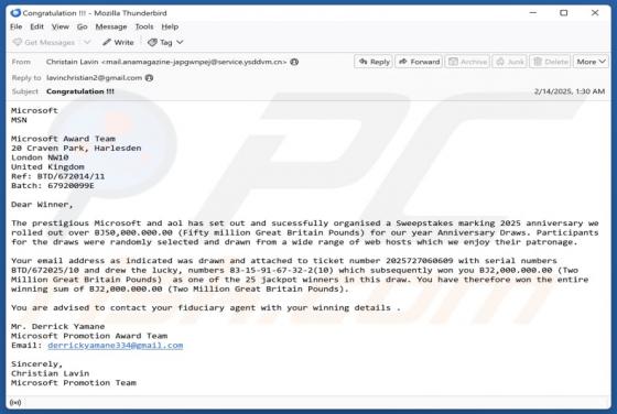 Oplichting via e-mail Microsoft And AOL Sweepstakes