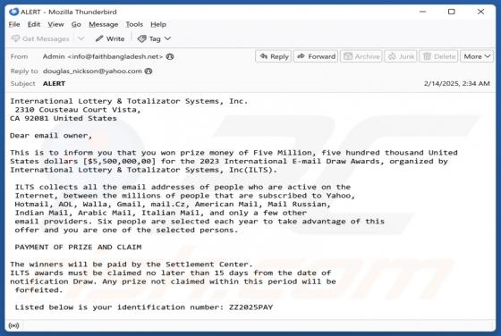 Oplichting via e-mail International Lottery & Totalizator Systems