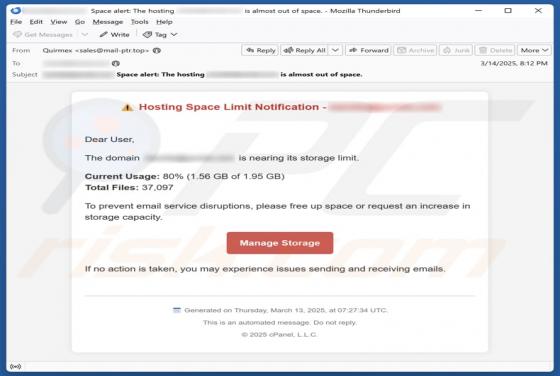 Oplichting via e-mail Hosting Space Limit Notification