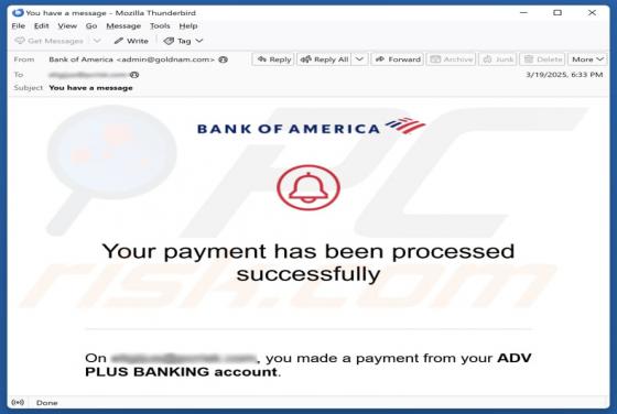 Oplichting via e-mail Bank Of America - Payment Processed Successfully